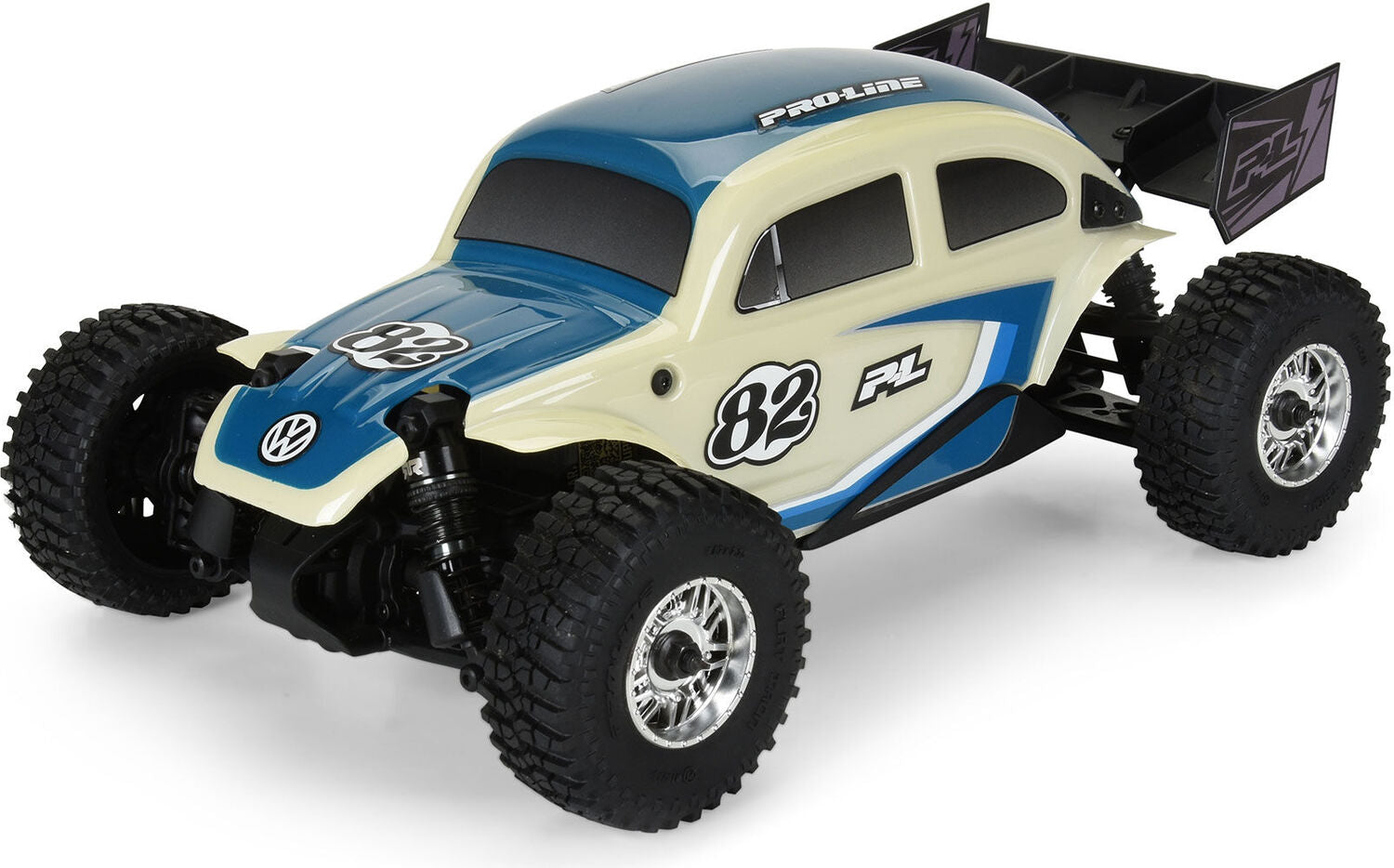 Class 1 VW Bug Blue Race Body Conversion Kit and Flat Iron M/T Tires Mounted 12mm Chrome Diablo (4) for ARRMA TYPHON GROM
